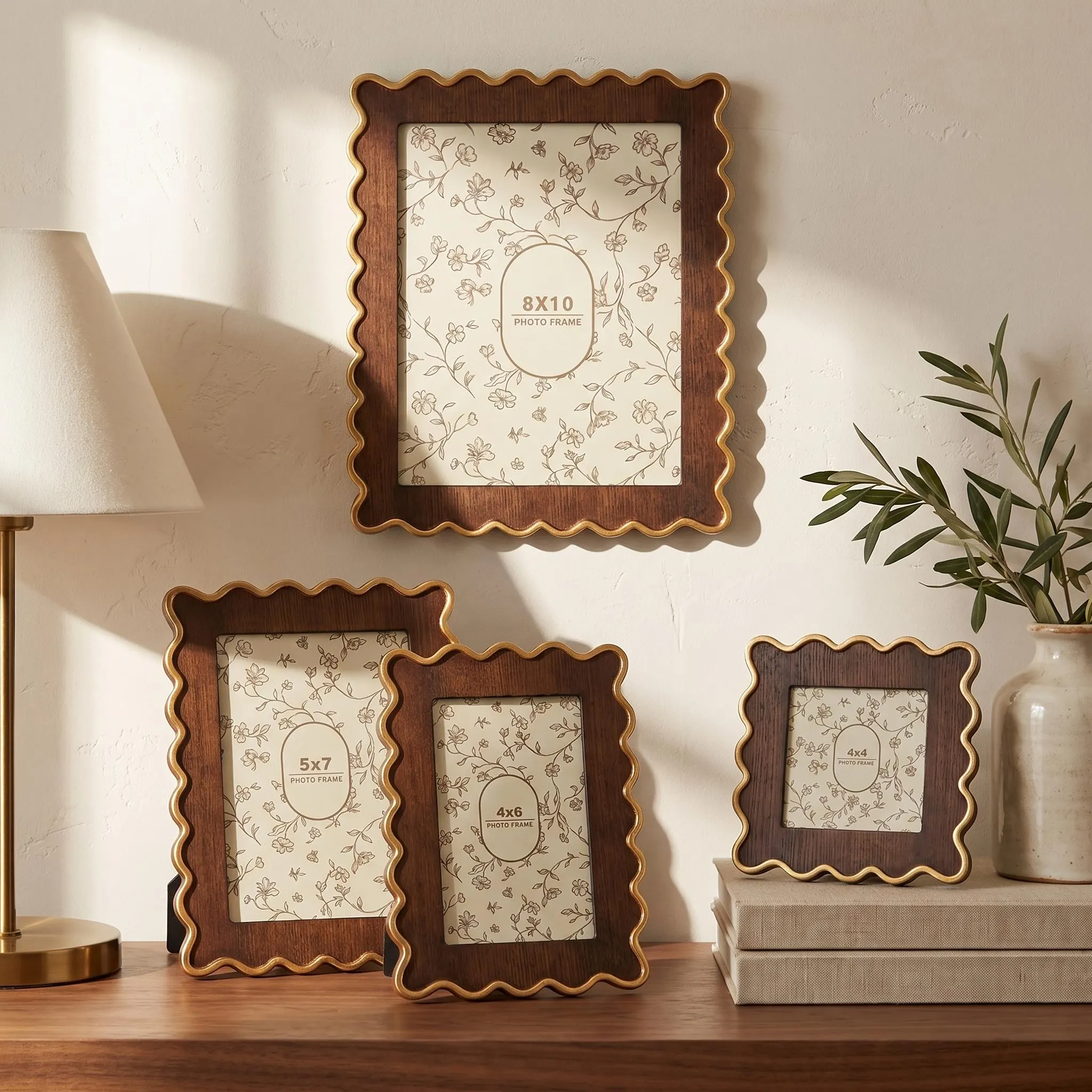 Scalloped Walnut Picture Frame With Gold Trim, Wavy Wood Photo Frame 4x4 4x6 5x7 8x10, Diploma Certificate Frame 8.5x11 11x14 Wall Art Decor