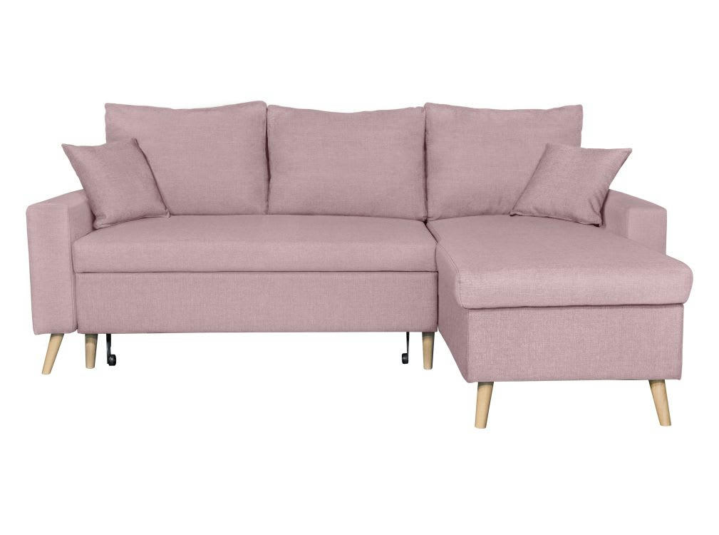 MARIA SCANDINAVE - Canapé d'angle scandinave convertible avec coffre en tissu rose