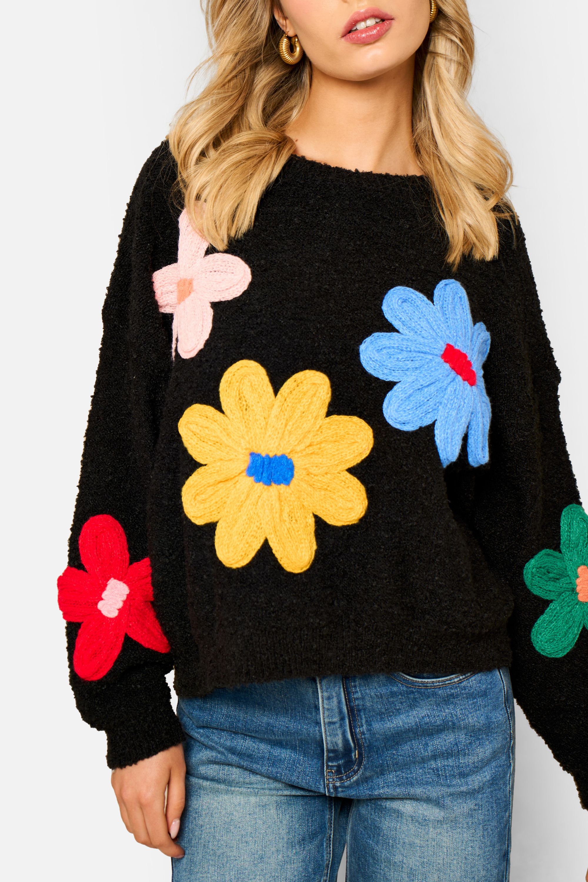 Gini London Black 3D Flower Crochet Knitted Jumper