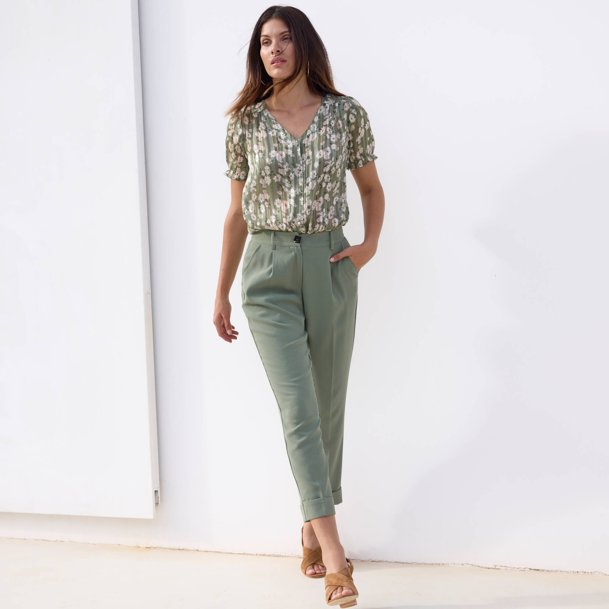 Chemisier manches blousantes imprimé floral, voile jacquard