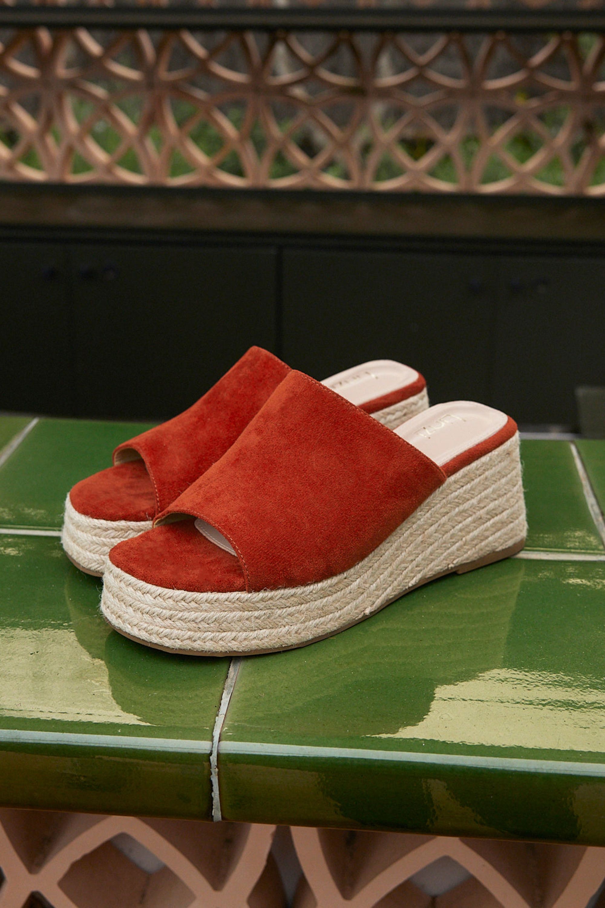 Linzi Espresso Rust Faux Suede Espadrille Mule Wedges