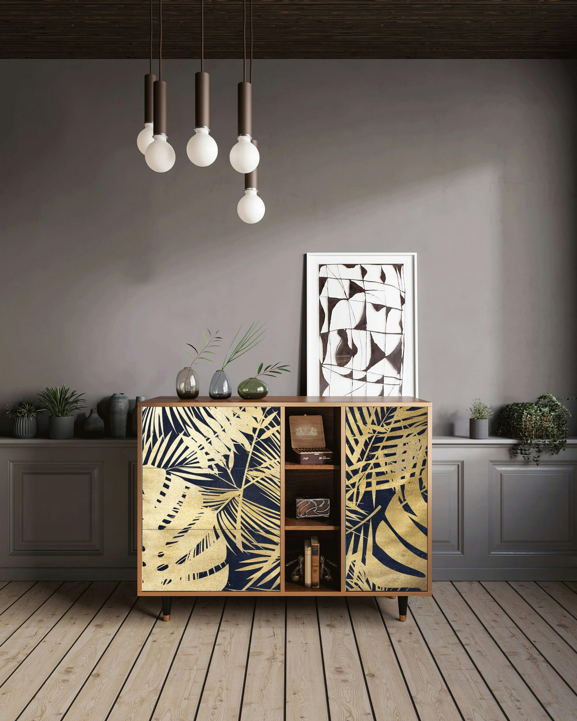 JUNGLE VIBES - Buffet  bleu et jaune 3 tiroirs et 1 porte L 125 cm