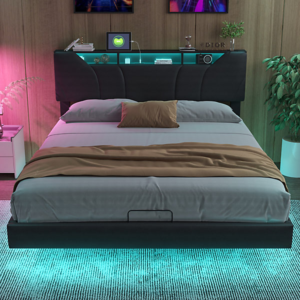 Lit double 160x200 cm rembourré en PU gris, avec USB, LED, tête de lit avec rangement et coffre intégré