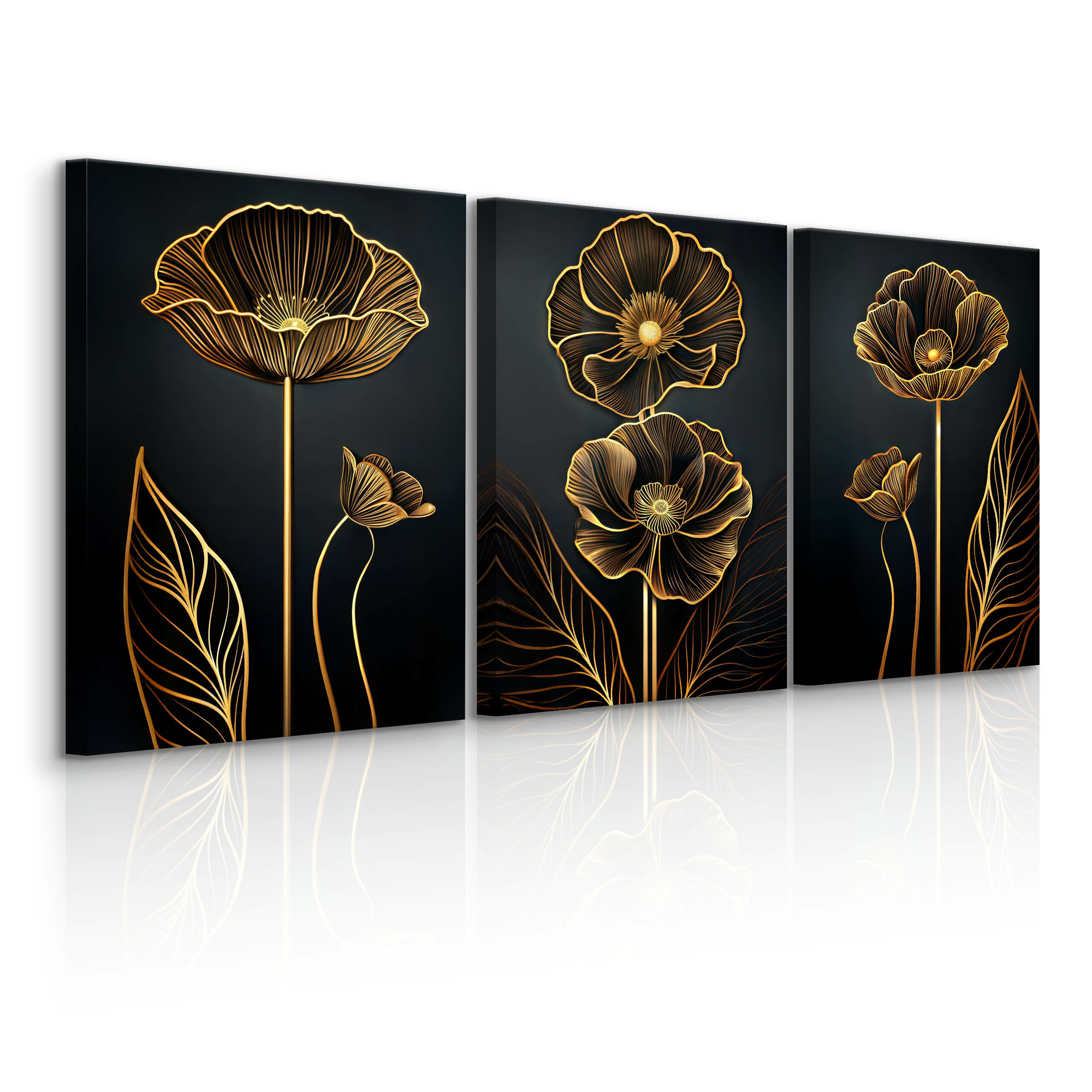 3x Obraz Set Abstrakcyjne Złote Kwiaty W Stylu Glamour 30x40cm