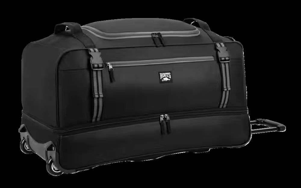 Roots 28-in Large Capacity Wheeled Rolling Travel Luggage Duffle Bag w/ Drop-Bottom Compartment, 122-L