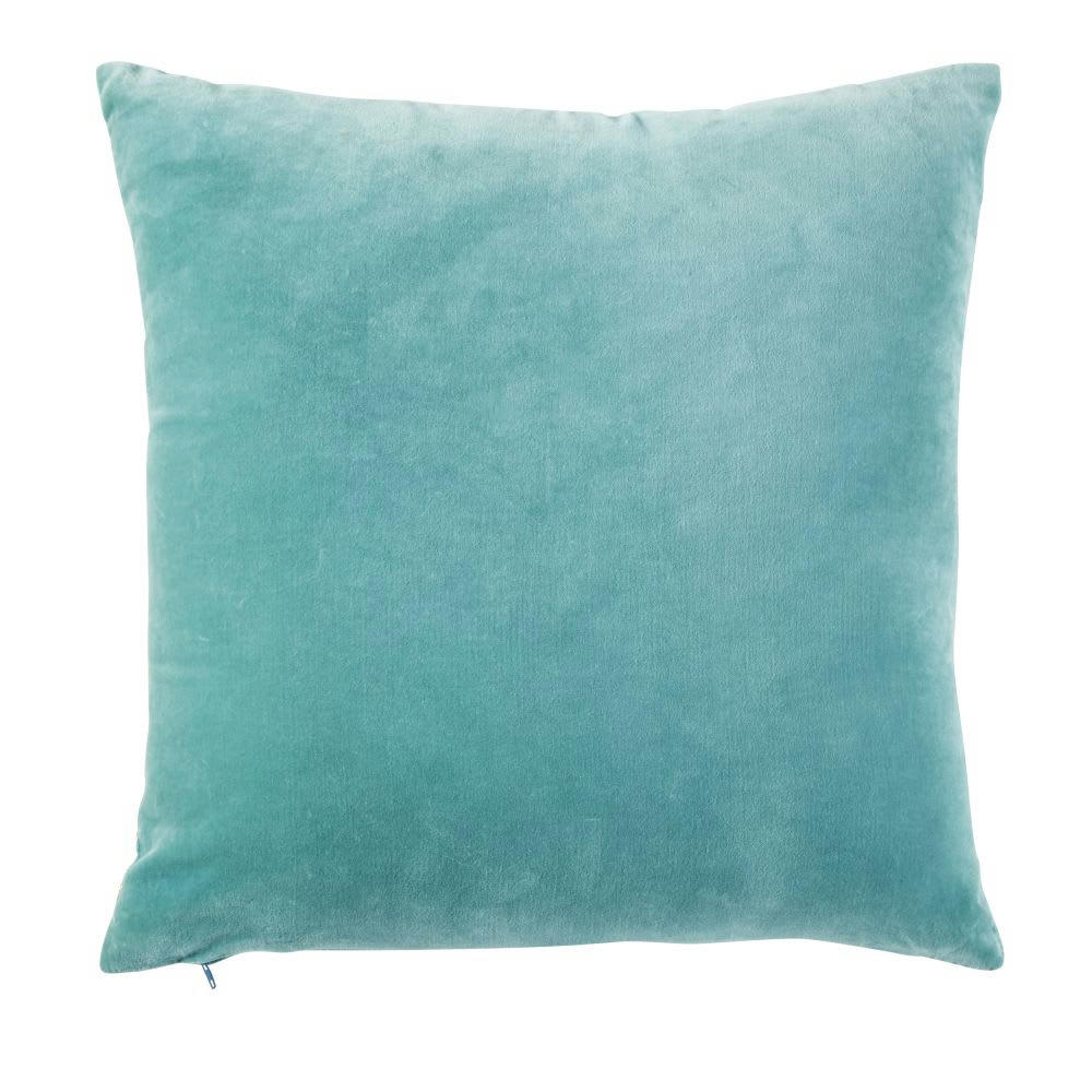 BACKERSFIELD - Coussin en velours bleu motif imprimé feuillages dorés 45x45