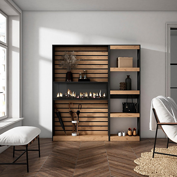 Bibliothèque étagère 170x25x186cm feu led sans chaleur chêne et noir