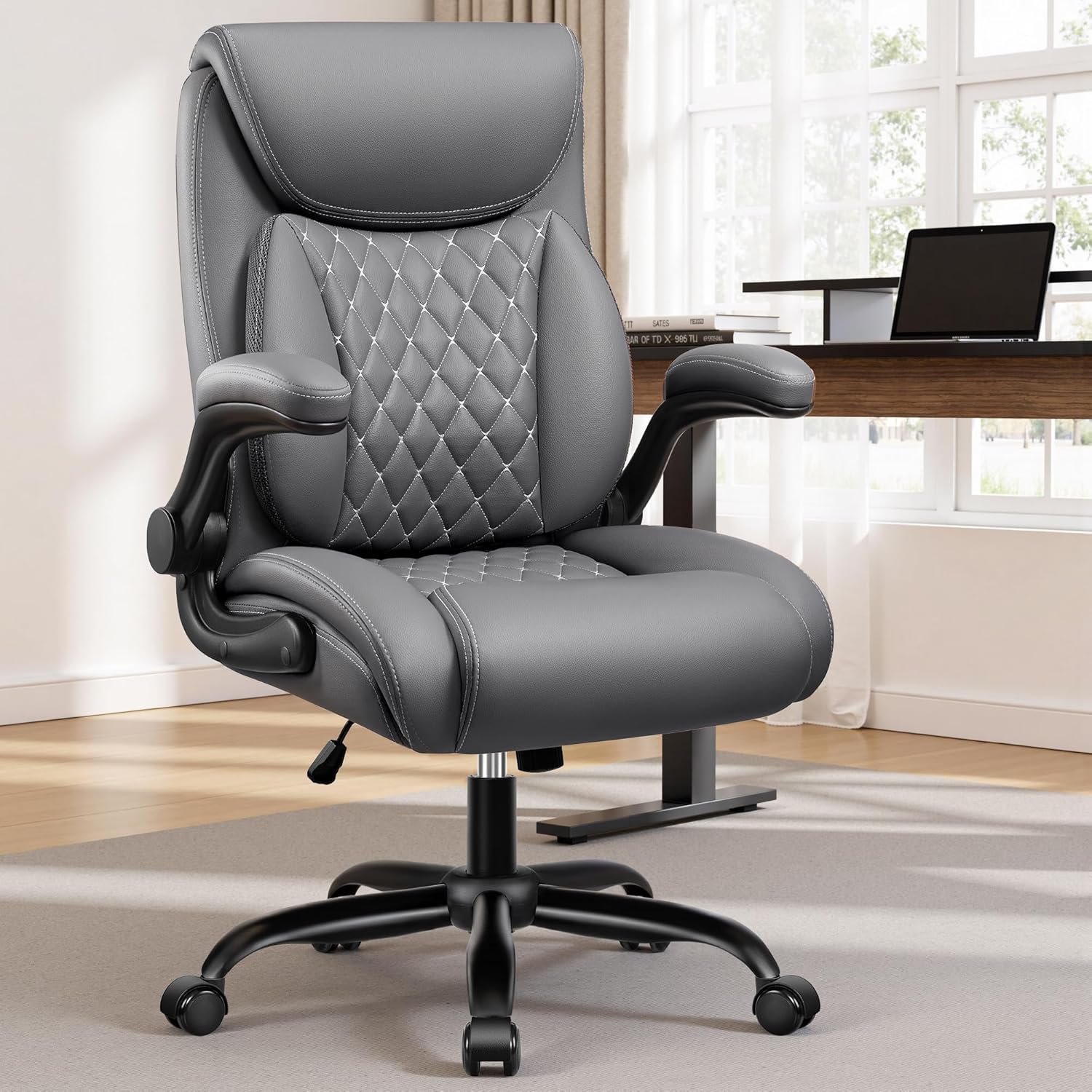 BESTFAIR Office Chair, Executive Computer Desk Chair with Lumbar Support for Lower Back Pain Relief, Ergonomic Leather Home Chair Comfy with Padded Flip-up Arms and Adjustable Armrests, Gray