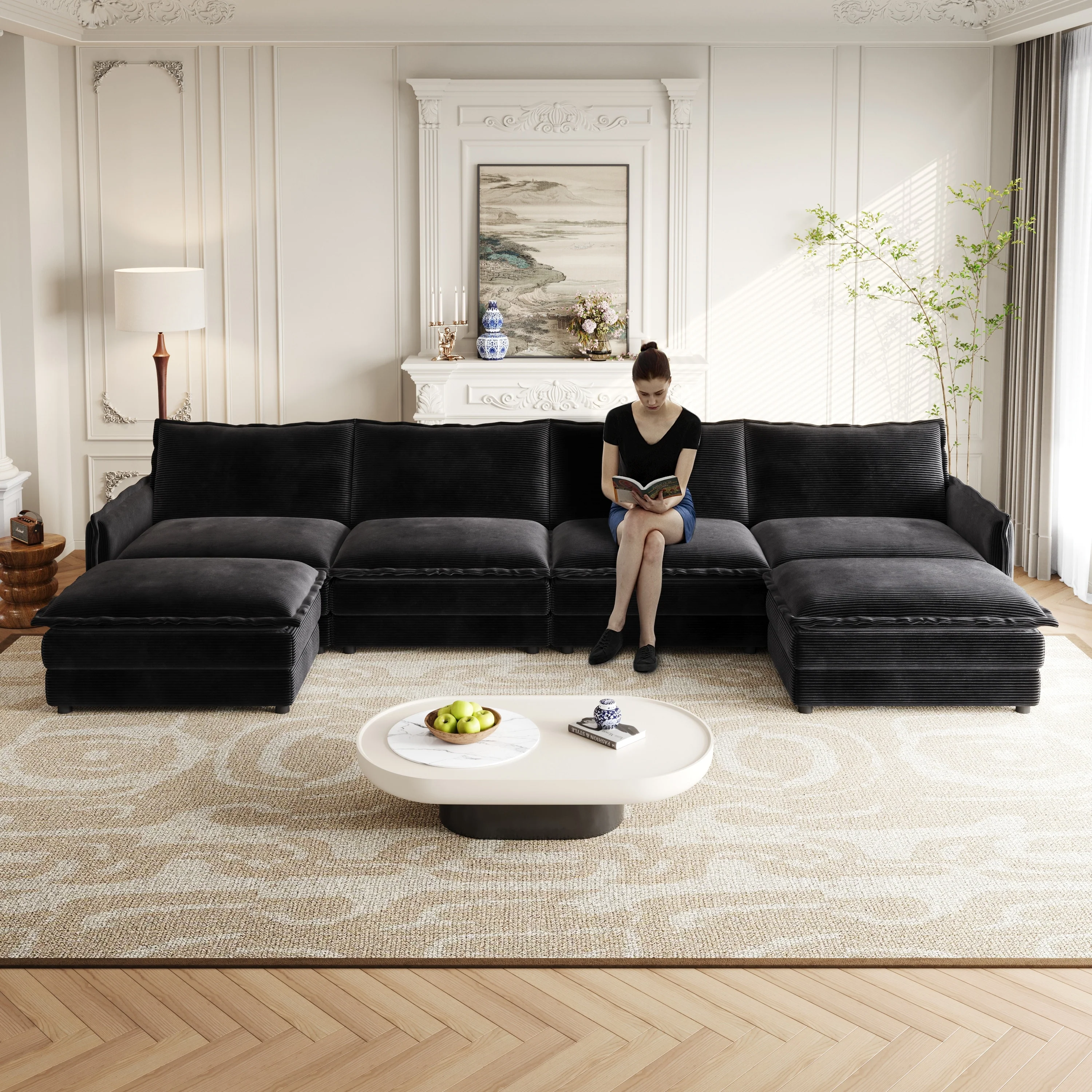 142 Corduroy 4-Seater Cloud Sectional Sofa with 2 Ottomans