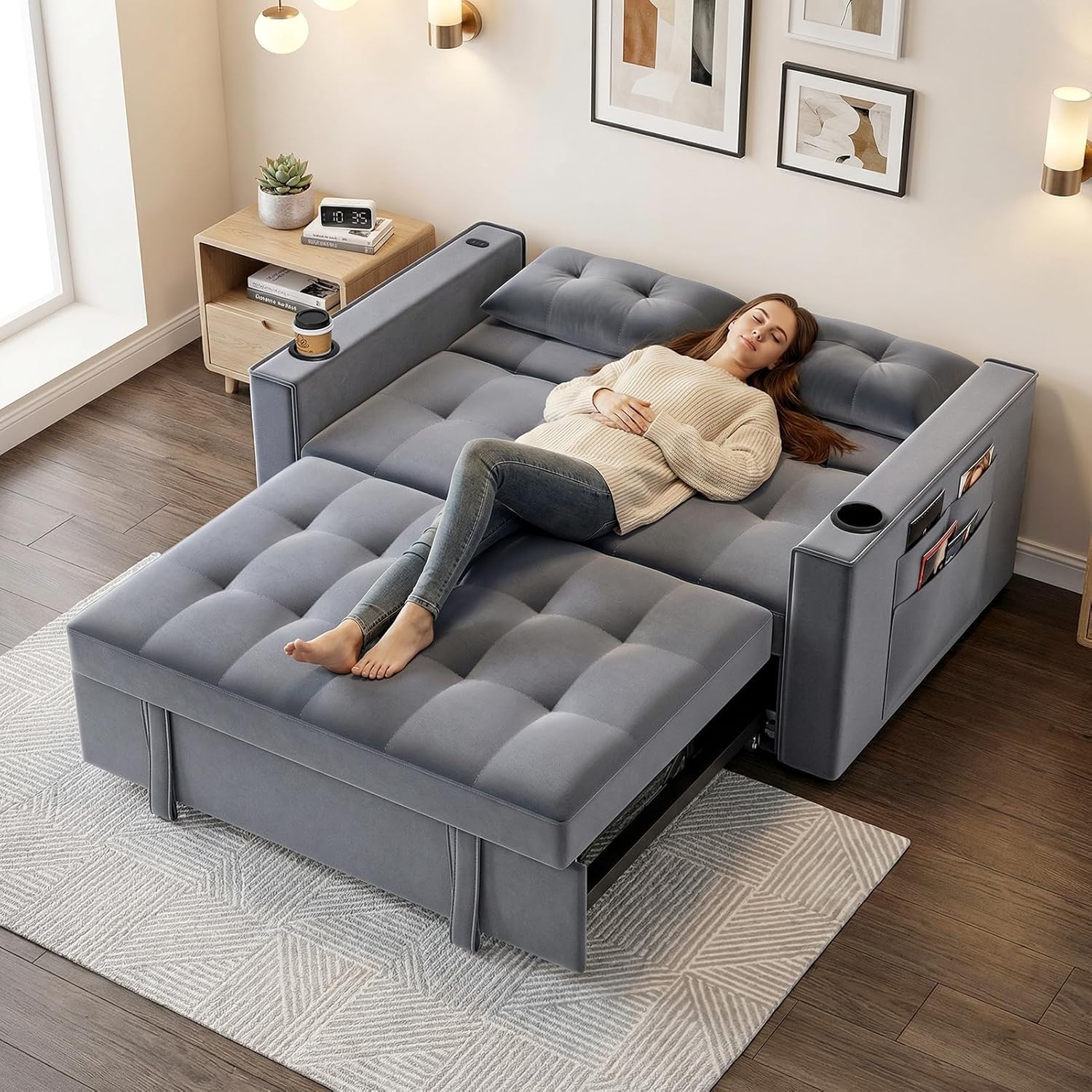 3-in-1 Pull Out Sofa Bed with Charging Station, Cup Holder & Side Storage - 70 Multi-Functional Recliner Sofa Bed for Home Living Room Grey 2
