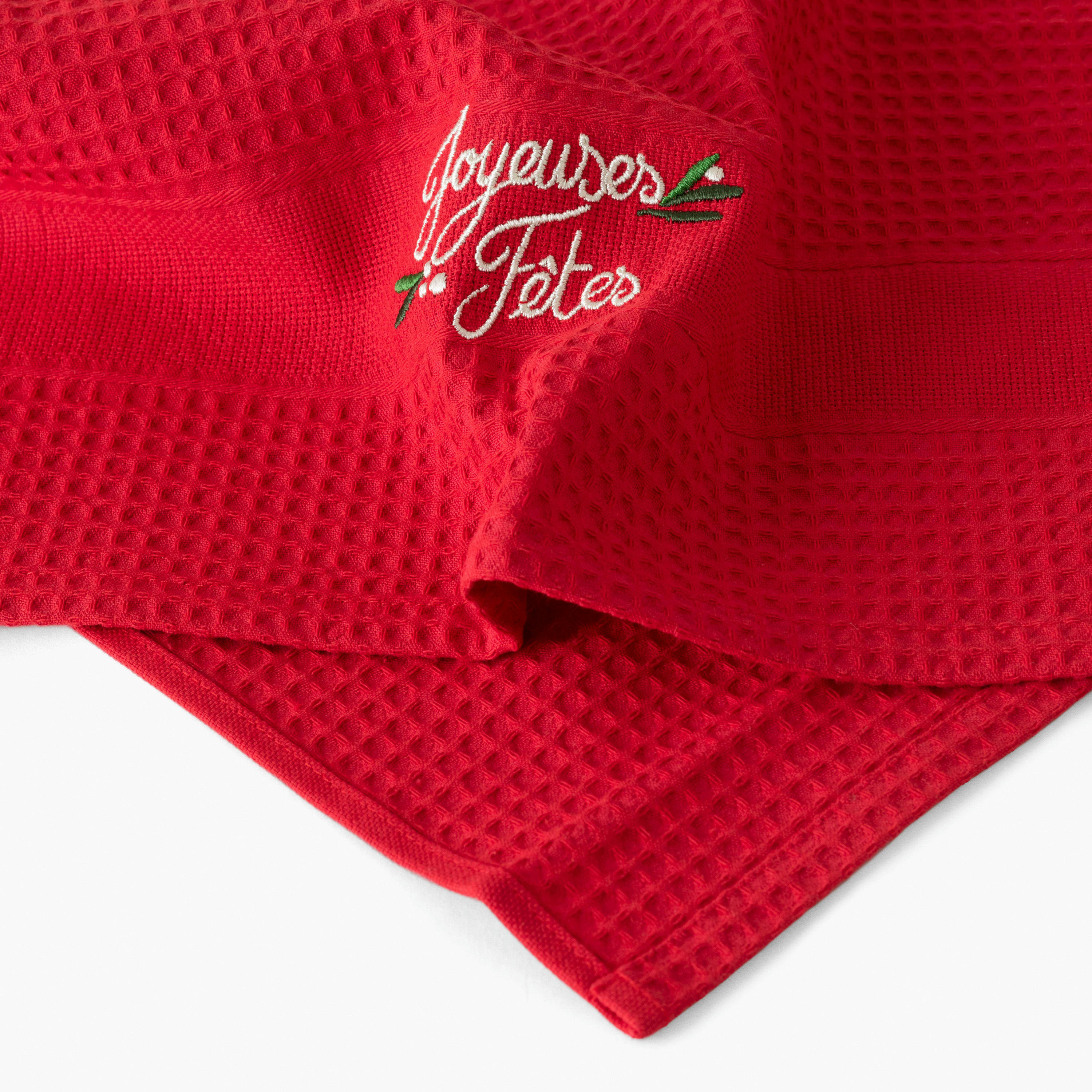 TRADITION - Torchon de cuisine Rouge nid d'abeille brodé rouge 50 x 70 cm