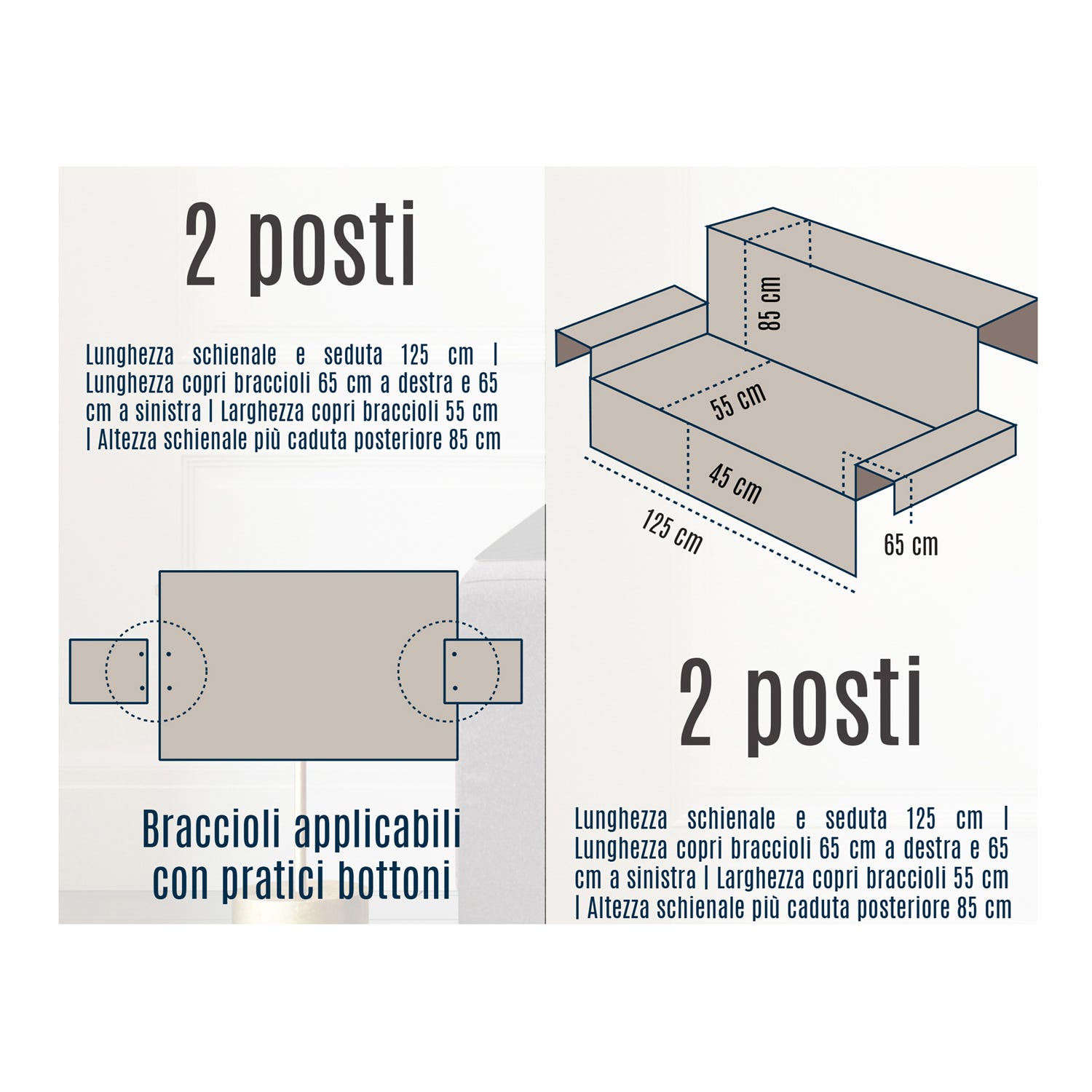 Copridivano 2 posti double face microfibra grigio scuro