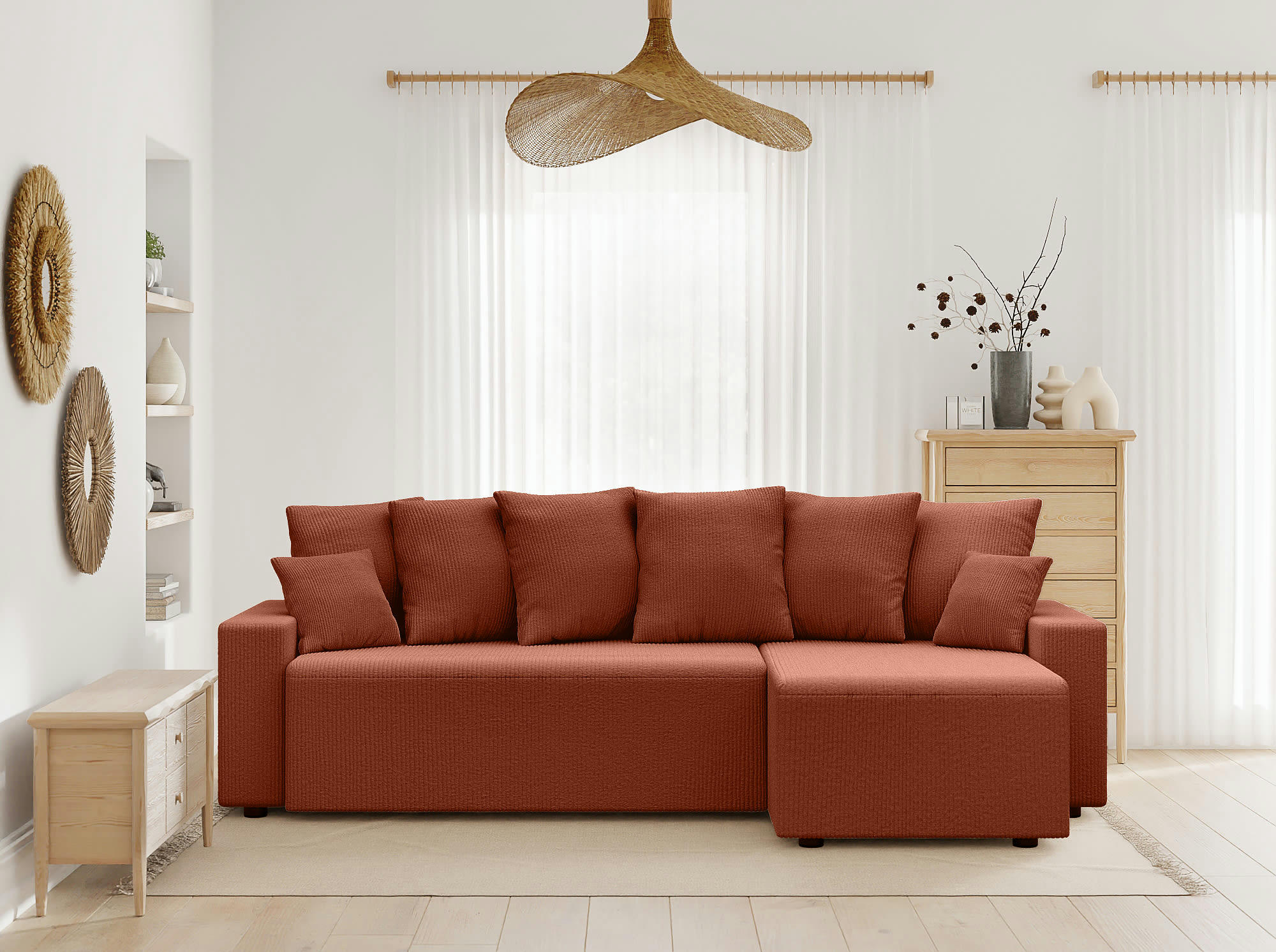 ALMA - Canapé d'angle convertible en velours côtelé 4 places terracotta