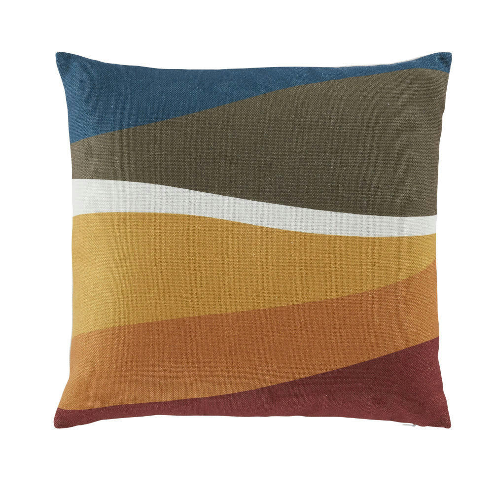 CAETANA - Coussin vert kaki, écru, jaune moutarde et terracotta 45x45