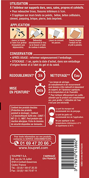 Enduit de rebouchage extérieur souple blanc Toupret 330g