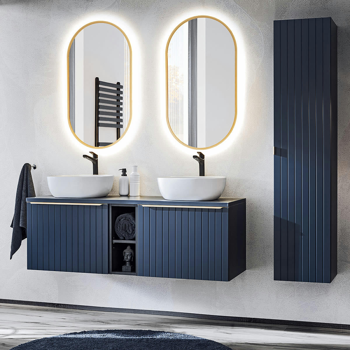 - Ensemble meuble double vasque 140cm et colonne stratifiés bleu