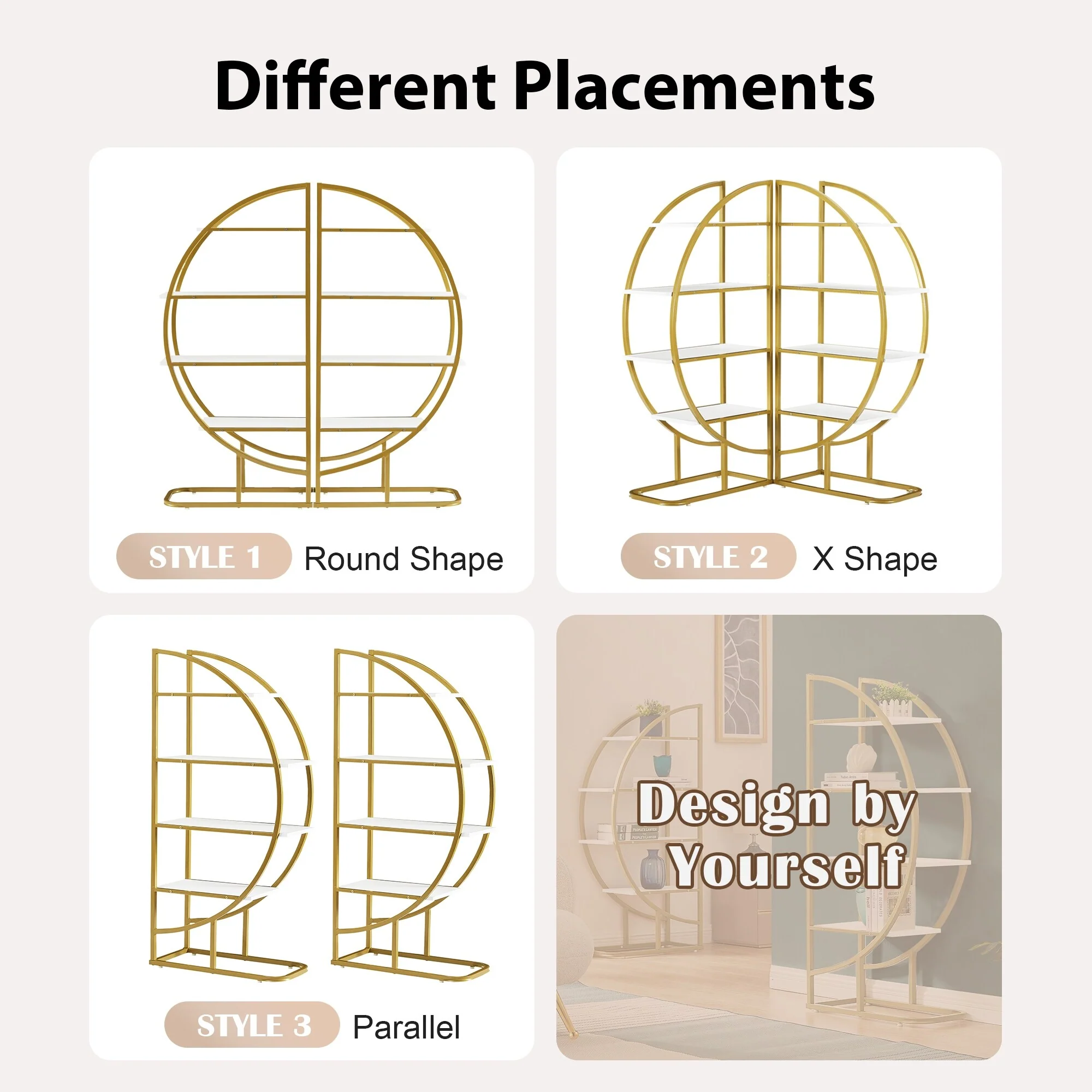 4 Tiers Home Office Open Bookshelf, Round Shape, Different Placement Ways, MDF Board, Gold Metal Frame