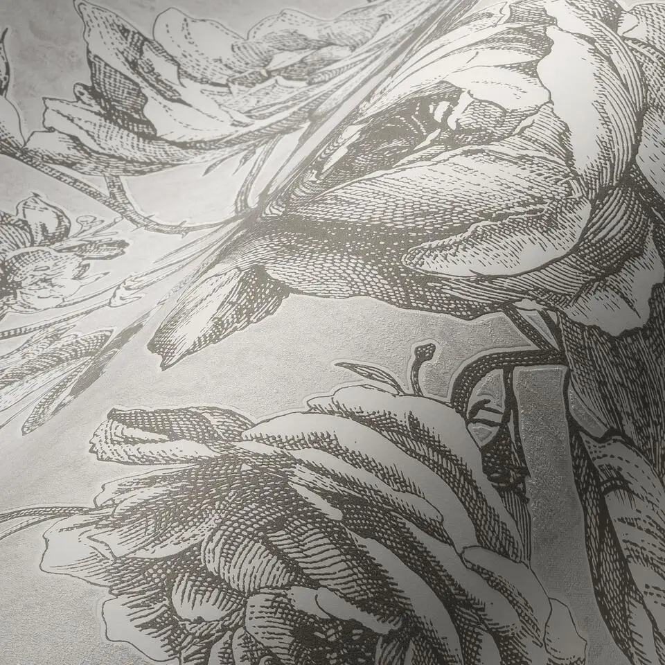 Livingwalls behang bloemmotief grijs, wit en grijs - 53 cm x 10.05 m