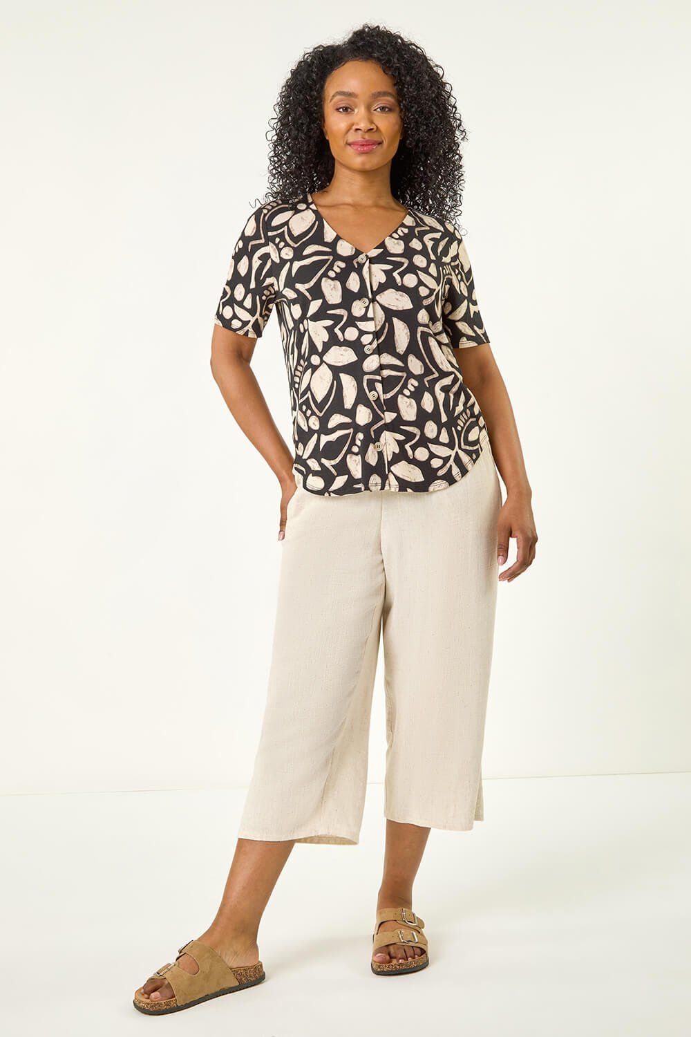 Roman Petite Abstract V-Neck Stretch Blouse