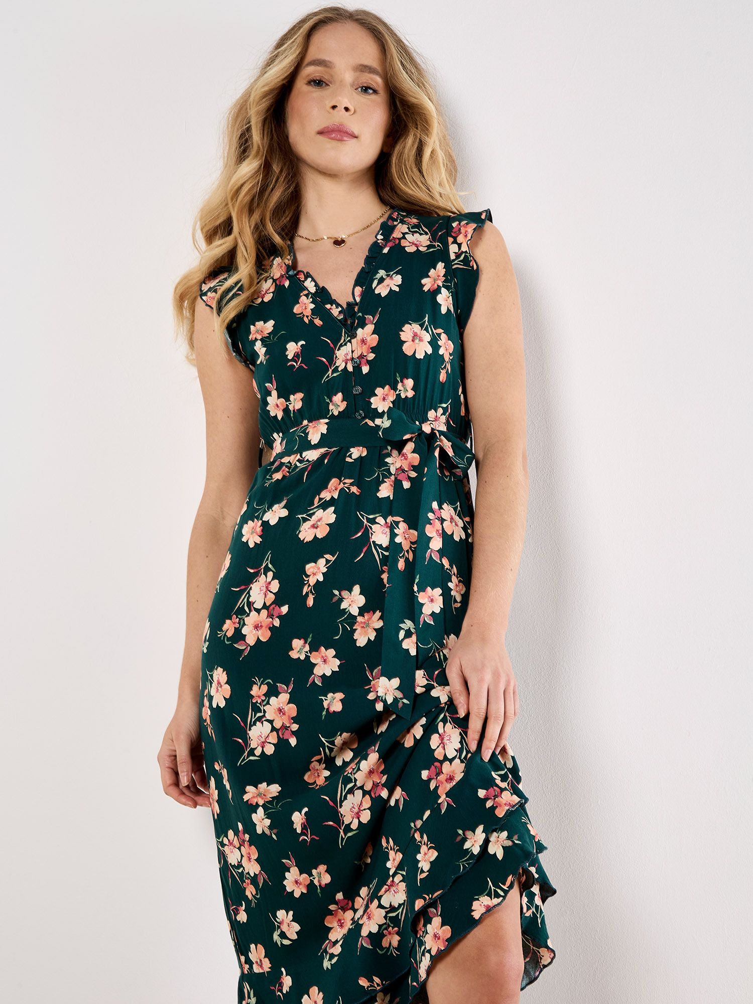 Apricot Painterly Floral Midi Dress