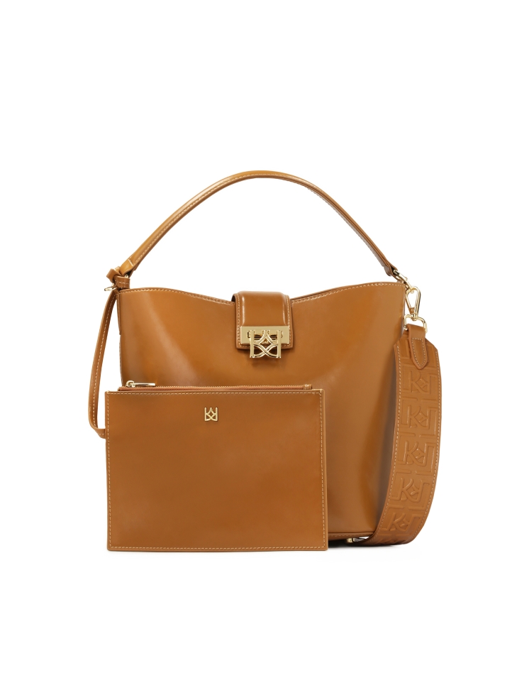 Light brown handbag with an additional pouch and handgrip