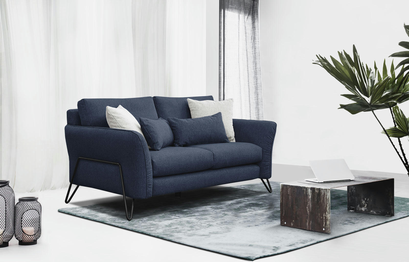 LOREM - Canapé droit 2 places tissu bleu foncé