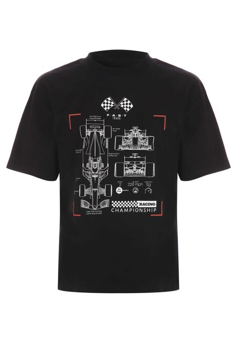 Older Boys Black Cotton Fast Track Racing T-Shirt