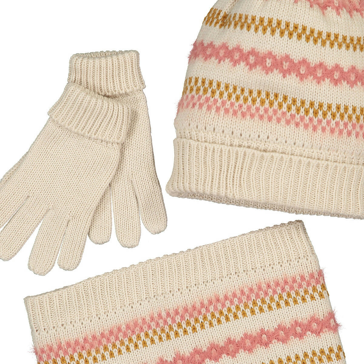Ensemble bonnet à pompon + snood + gants