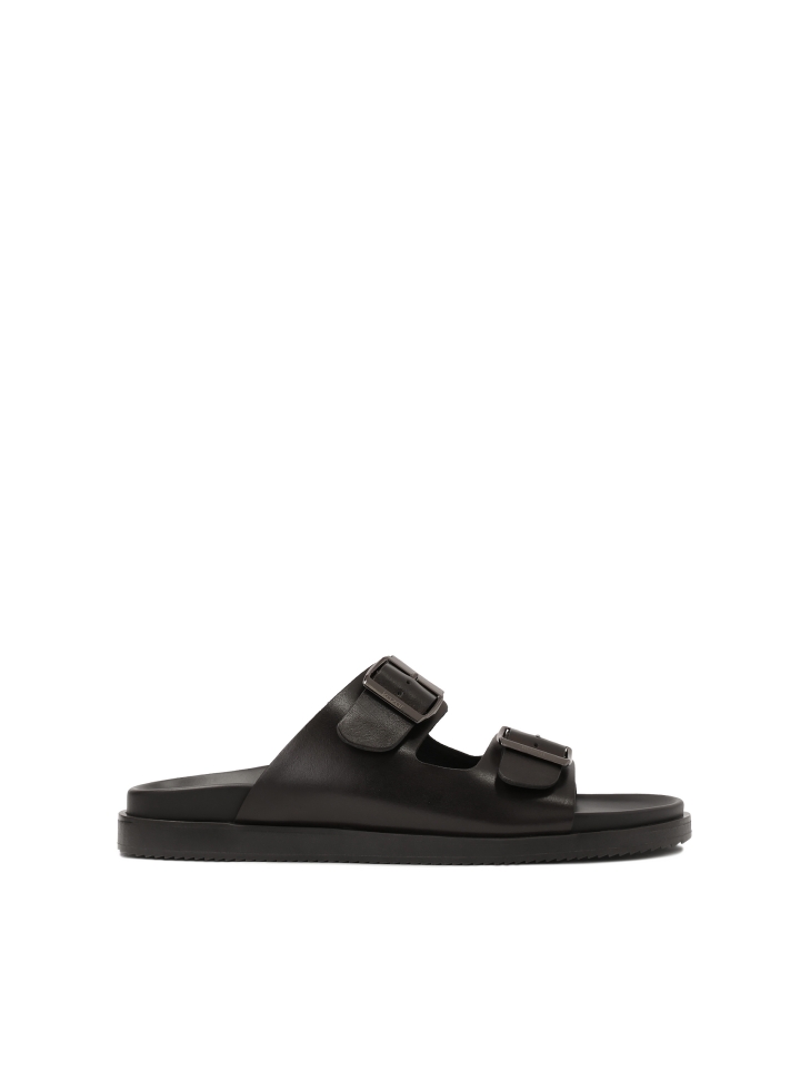 Black leather slides with buckles
