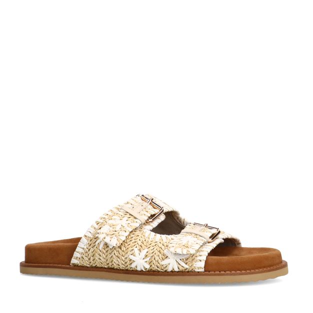 Beige raffia slippers met witte details