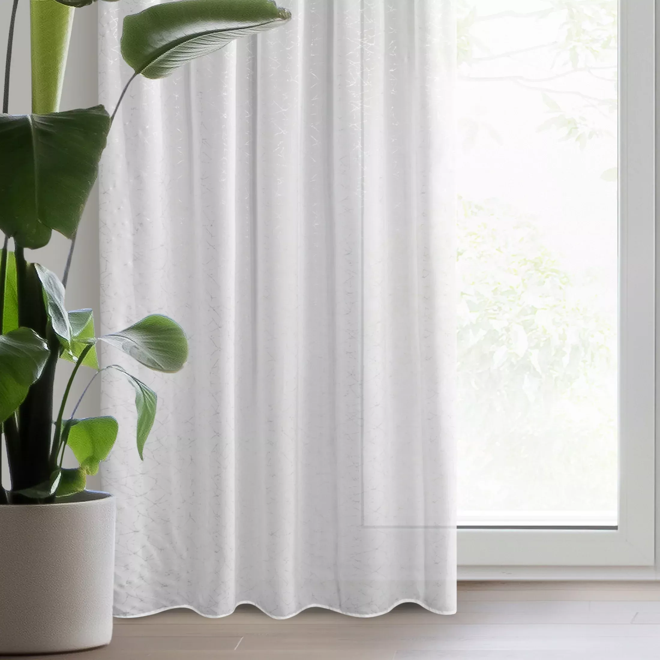 Firana biała z srebrnym nieregularnym wzorem 140x270 cm taśma ROXI