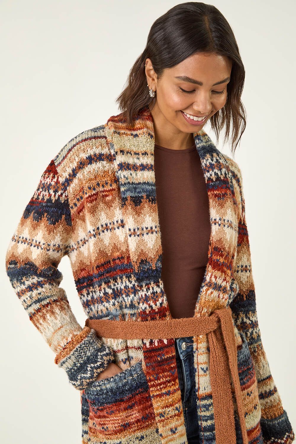 Roman Jacquard Knit Belted Cardigan