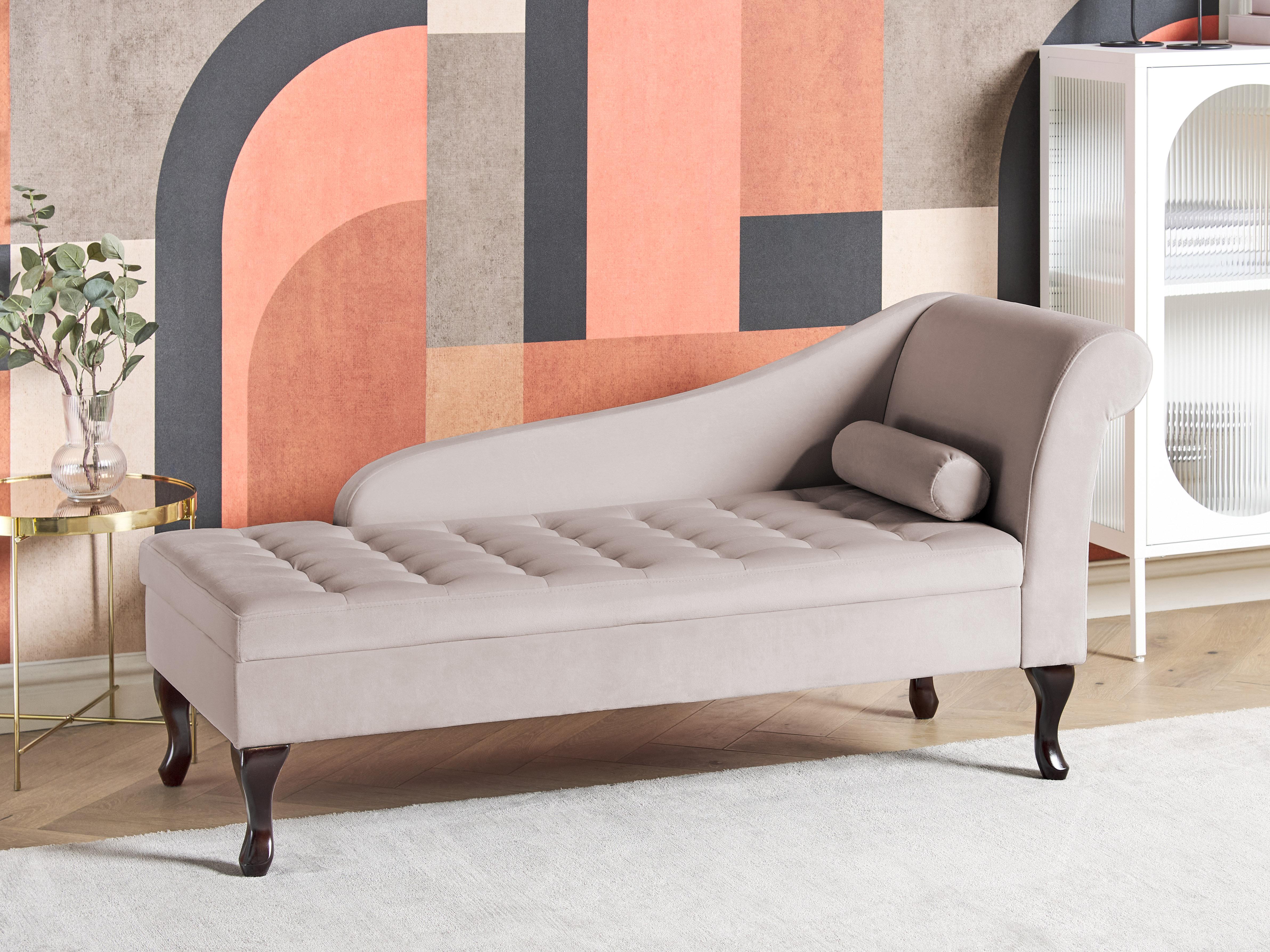 Right-Hand Chaise Longue PESSAC Velvet Light Beige with Storage
