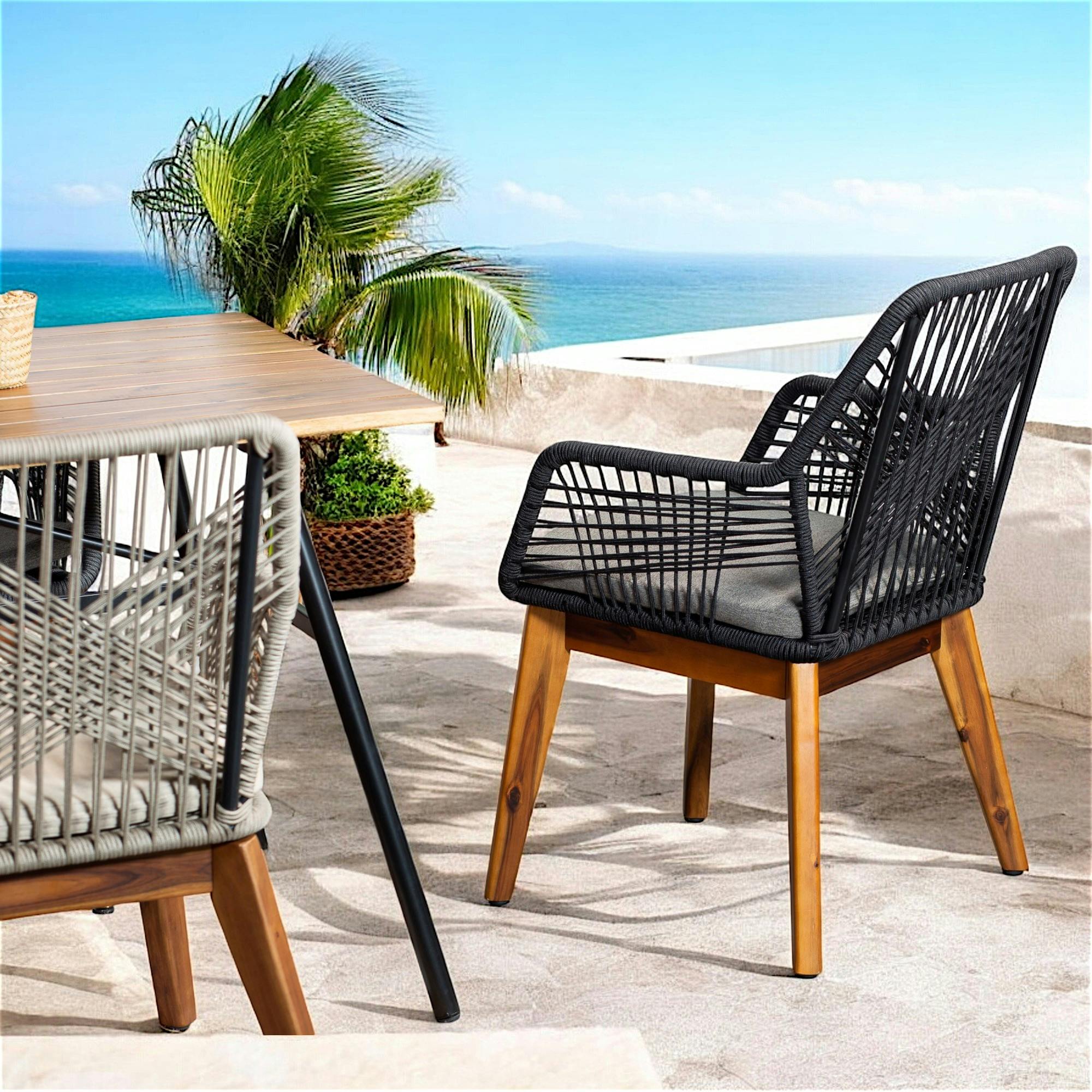 Chaise de jardin noire en corde tressée et pieds bois FSC® (lot de 2) GRENADE