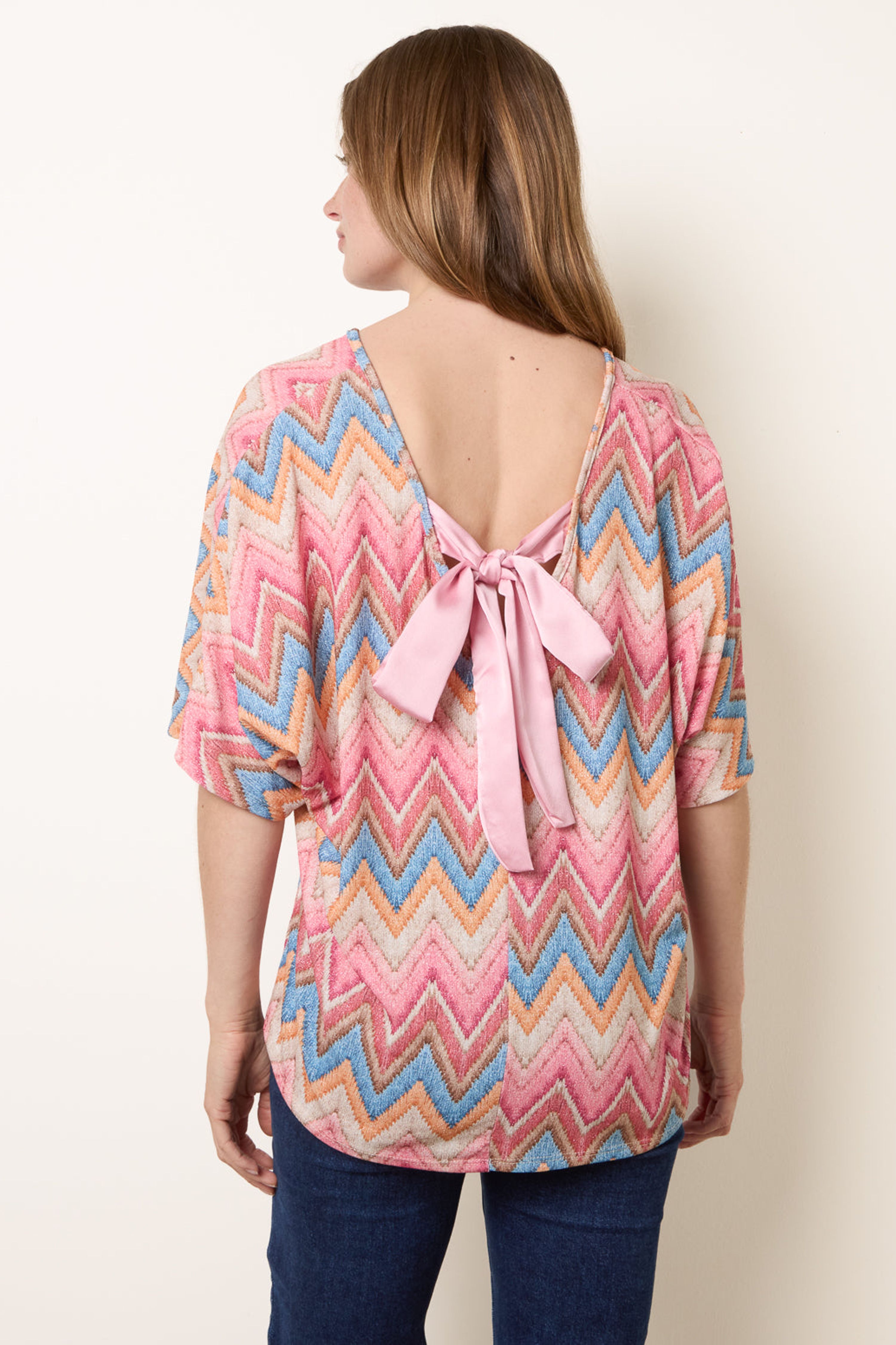Blue Vanilla Pink Zig Zag Metallic Bow Back Top