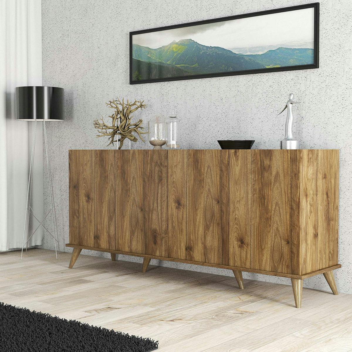 Buffet moderne 4 portes effet noyer, rebords hauts UMEA