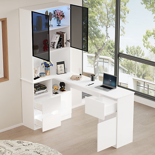 Bureau d'angle 120x80x180 cm - 4 portes et 3 tiroirs - Vitrine avec LED - MDF - Blanc