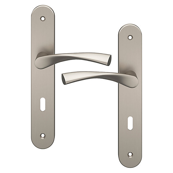 Ensemble poignée sur plaque rond serrure GoodHome Breage effet nickel satin gris L.120.5mm x l.40mm entraxe 195mm