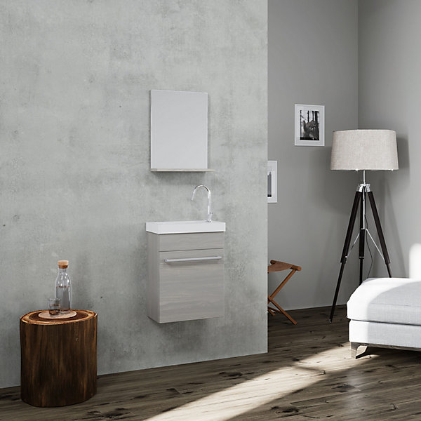 Meuble Suspendu Gain De Place Pour Salle De Bain Gris Effet Bois Avec Miroir Et Lavabo - Smart