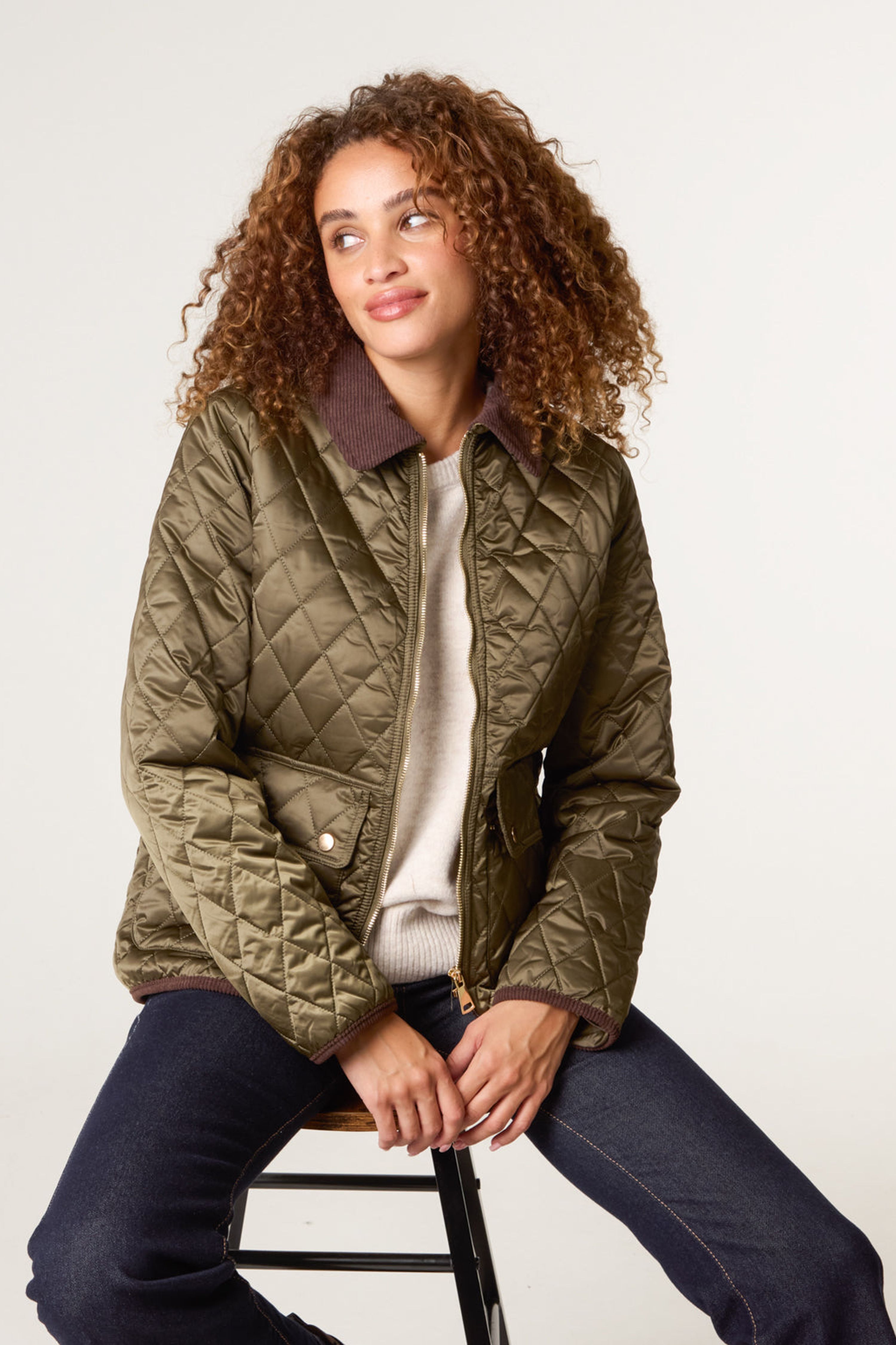 Blue Vanilla Khaki Diamond Quilted Cord Collar Coat