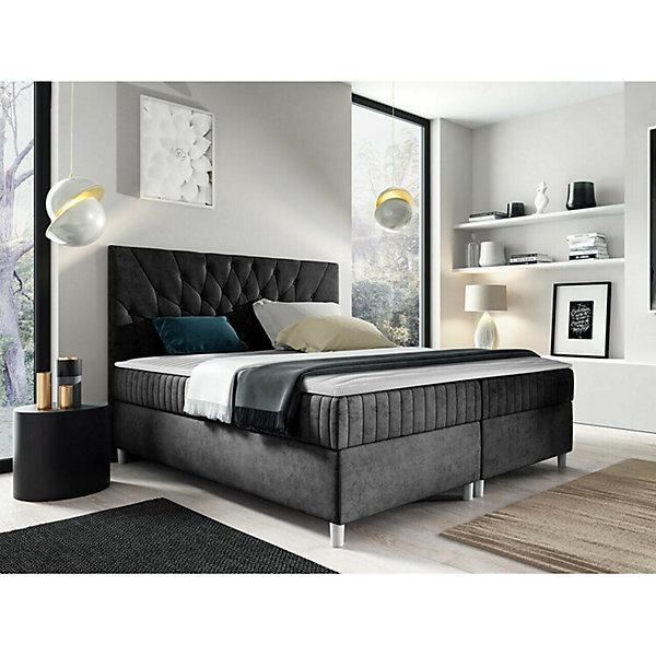 Lit continental Baltimore 175, Double, Gris, Tissu, Disponible