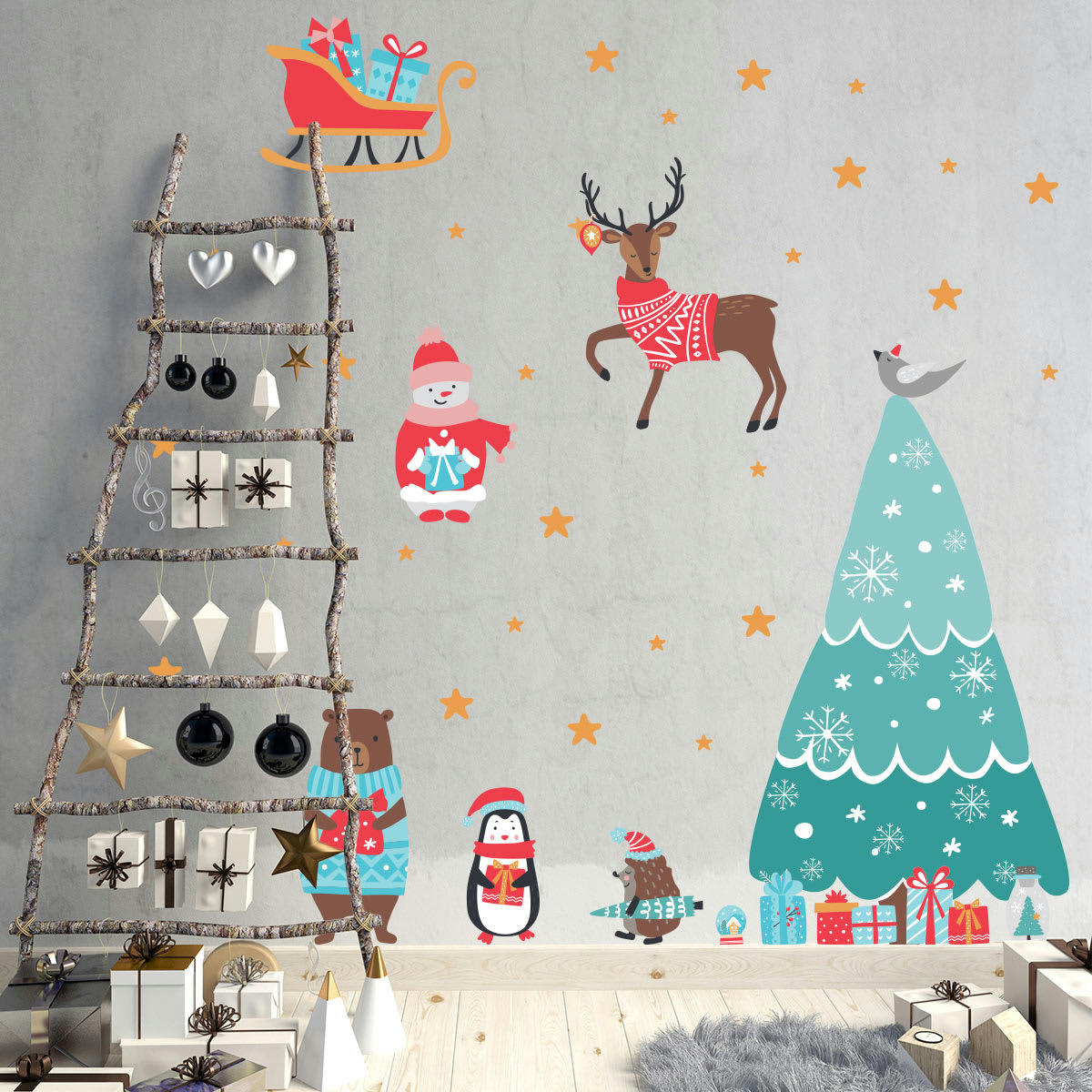 - Stickers Noël animaux joyeux 60 x 40 cm