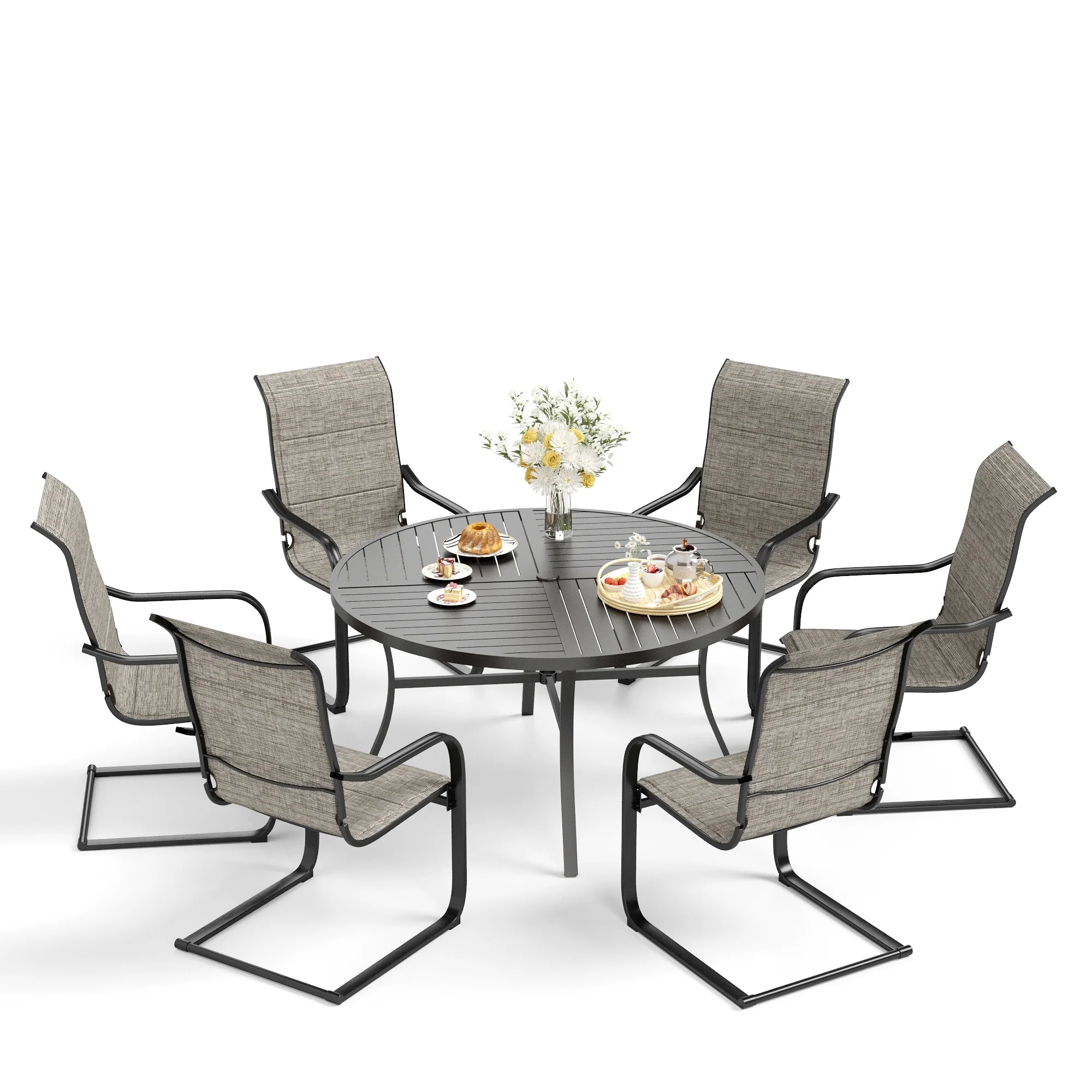 MAISON ARTS 7-Piece Patio Dining Set , Large Round Dining Table with Umbrella Hole & C Spring Rocking Textilene Dining Chairs