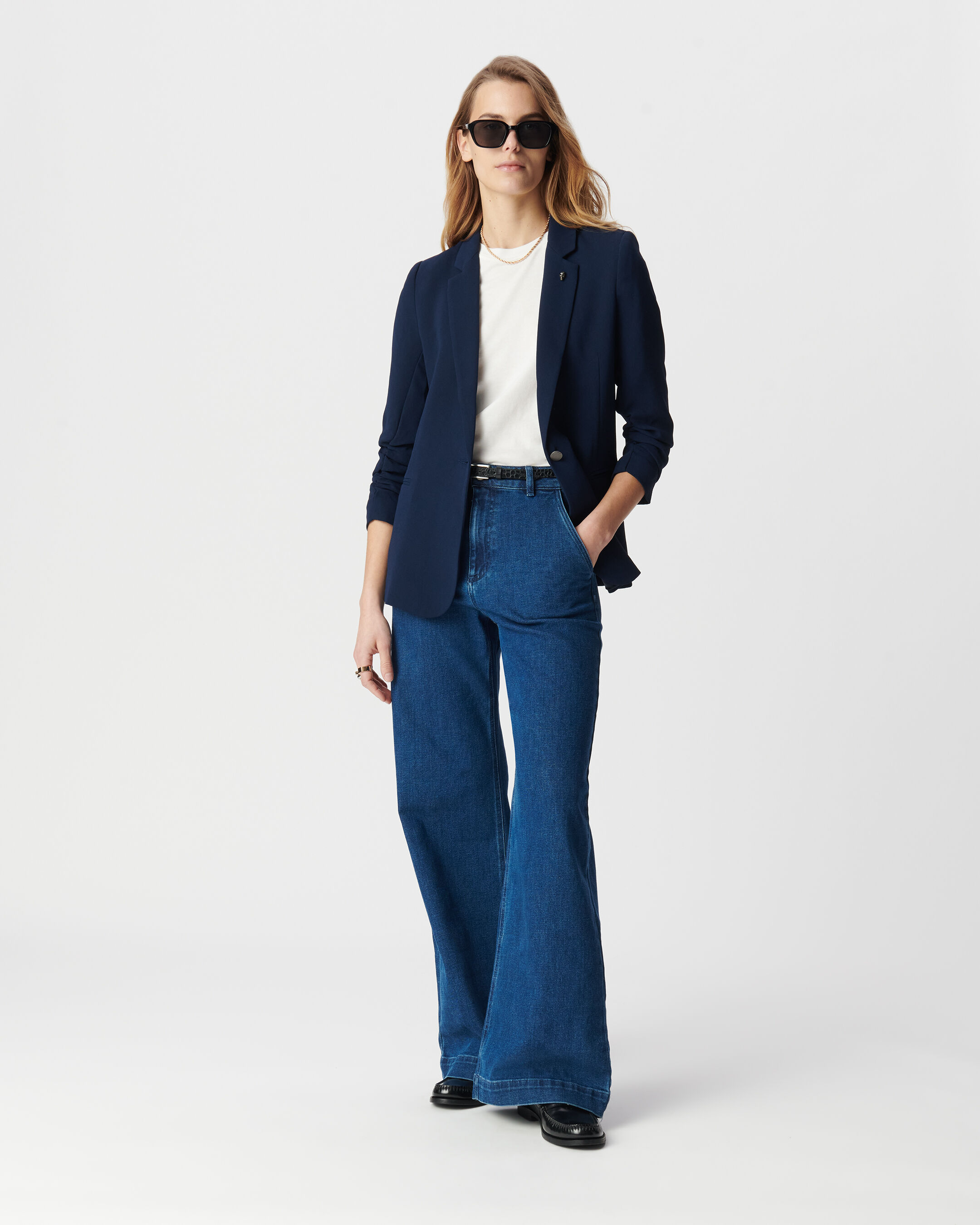 Veste de tailleur marine manches 3/4 froncées Femme