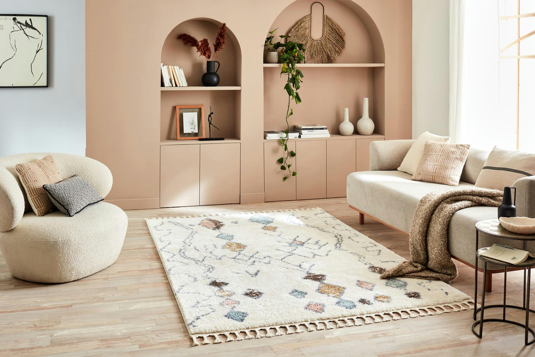 DELYA - Tapis salon berbere crème 160x230 à frange