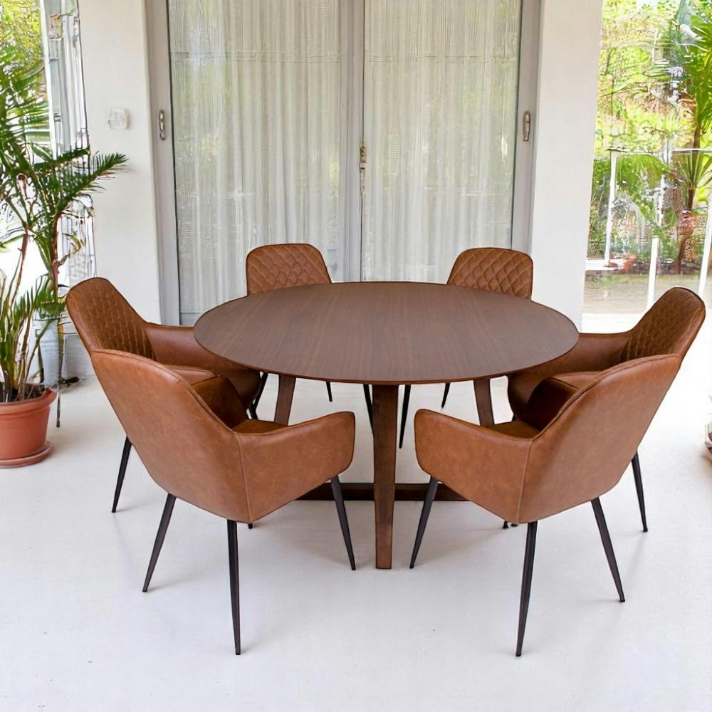 Table ronde vintage en placage noyer Ø137 cm LILLEHAMMER