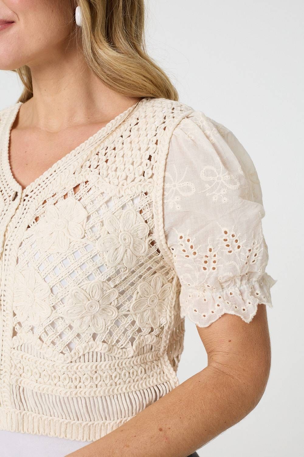 Izabel London Crochet Mesh Short Sleeve Crop Cardigan
