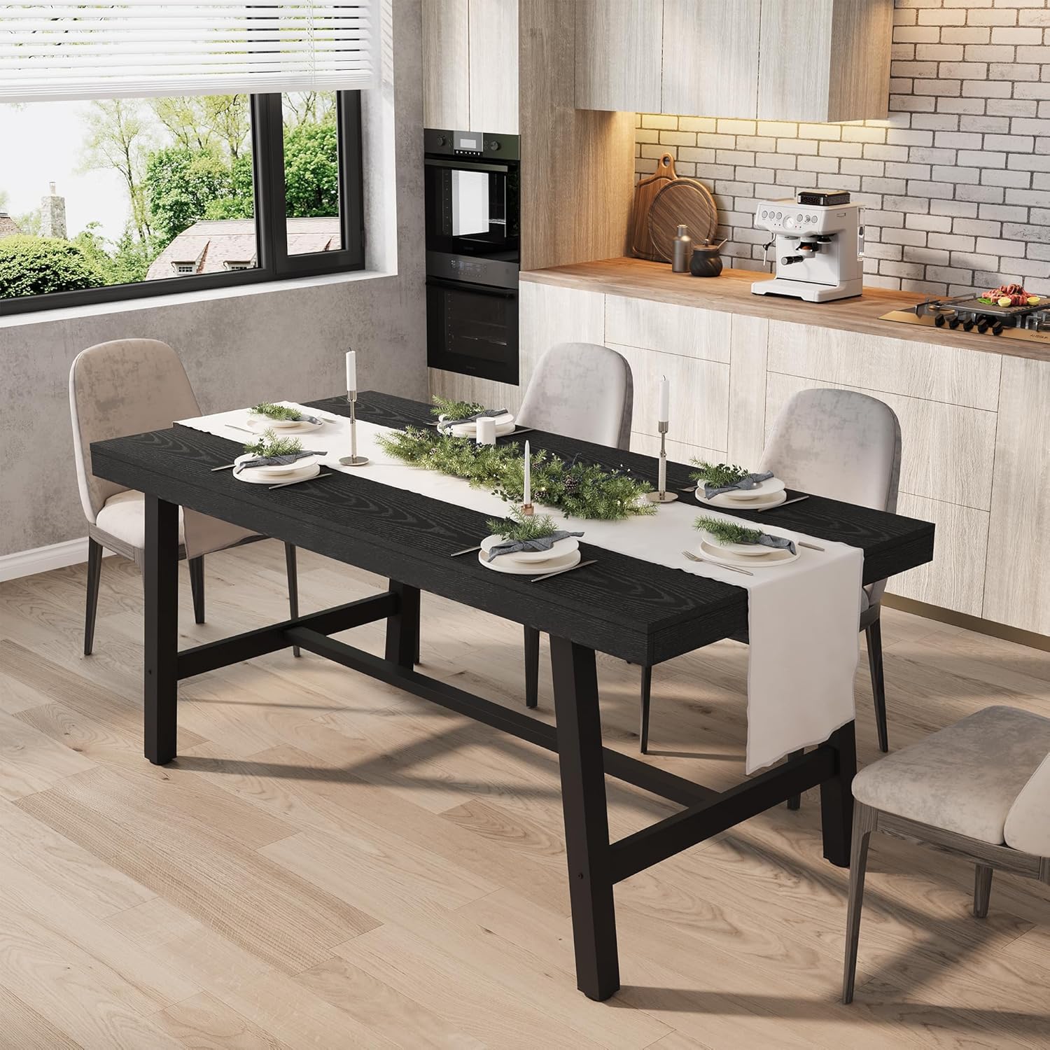 GarveeHome Industrial Dining Table for 4-6 People, 63 Long Large Kitchen Table with Sturdy Metal Frame, Rectangular Counter for Dinner, Kitchen, Dining Room (Black, 63 Non-extendable)