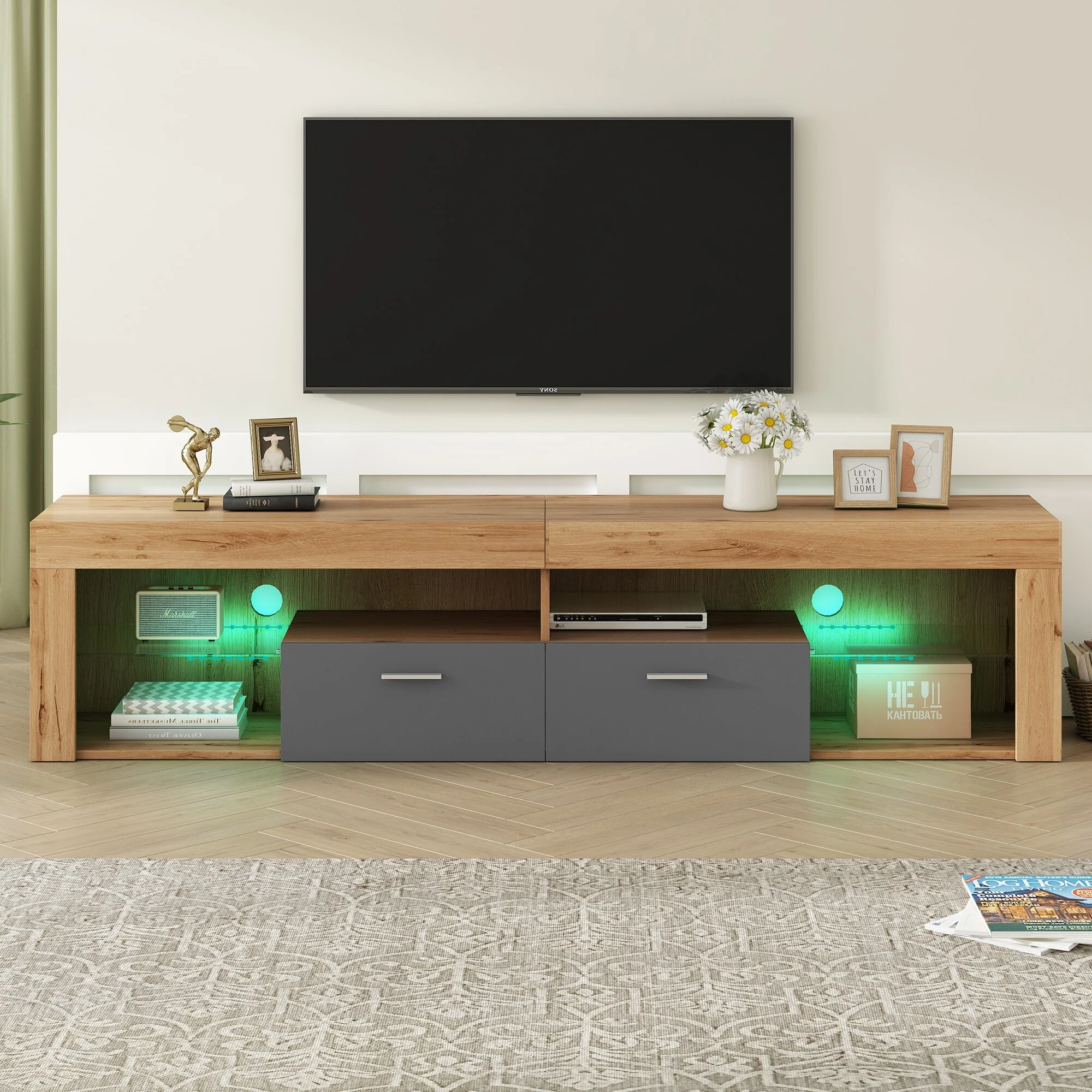 Modern 80-Inch TV Stand with Dual-Layer Design, LED Lighting, and 6 Storage Cabinets