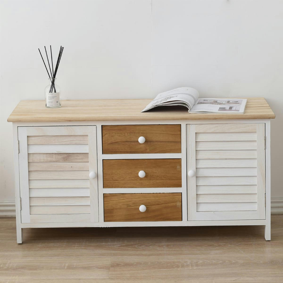 NATURAL - Buffet bas avec 3 tiroirs 2 portes en bois blanc et marron